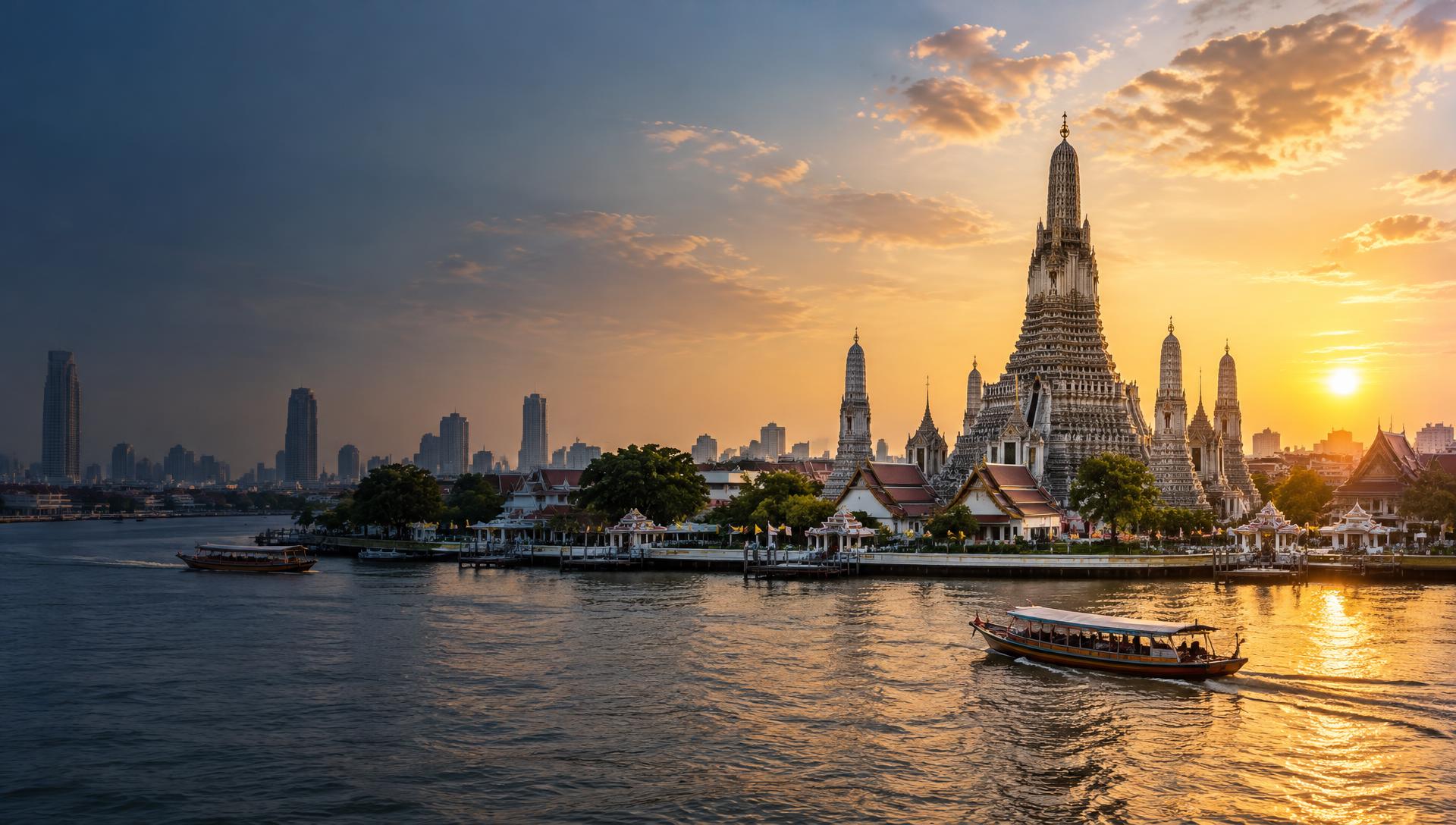 Wat Arun junto al río Chao Phraya en Bangkok, Tailandia
